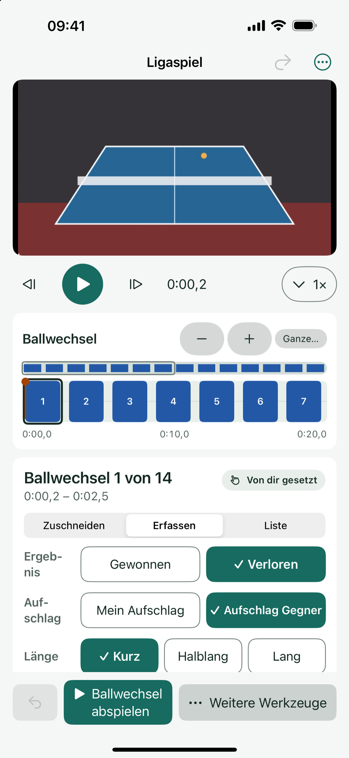 Die Punktangaben zu einem Ballwechsel in Patemo: Ergebnis, Aufschläger, Aufschlaglänge, Phase und Ende.