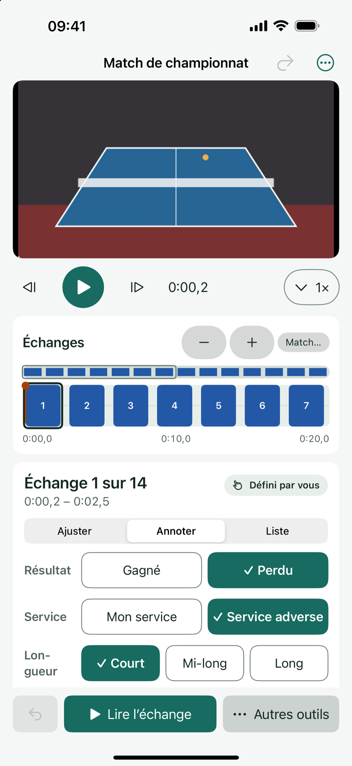 Les annotations d’un échange dans Patemo : résultat, serveur, longueur du service, phase et fin du point.