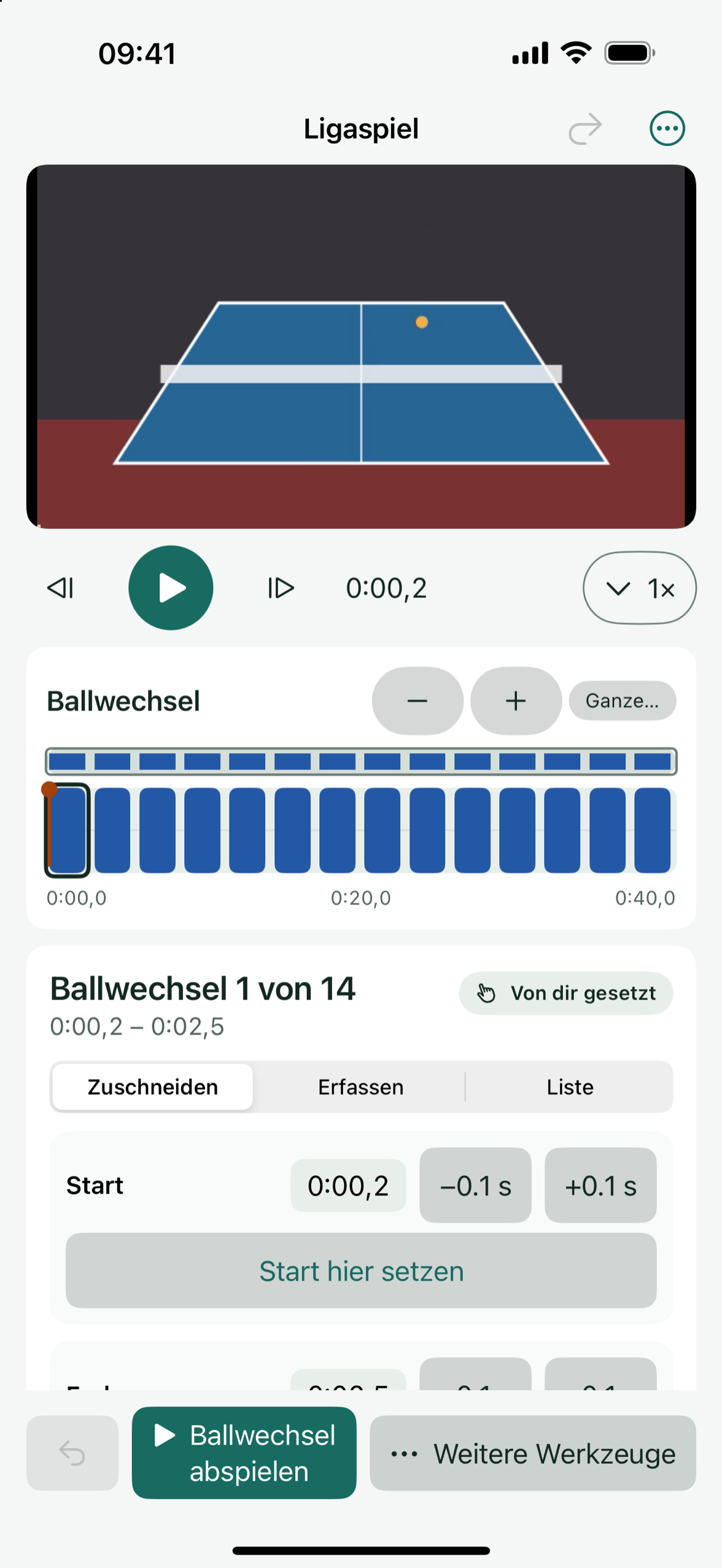 Die Prüfansicht von Patemo mit dem Spielvideo, einer Zeitleiste der Ballwechsel und den Werkzeugen zum Zuschneiden, Teilen und Verbinden.