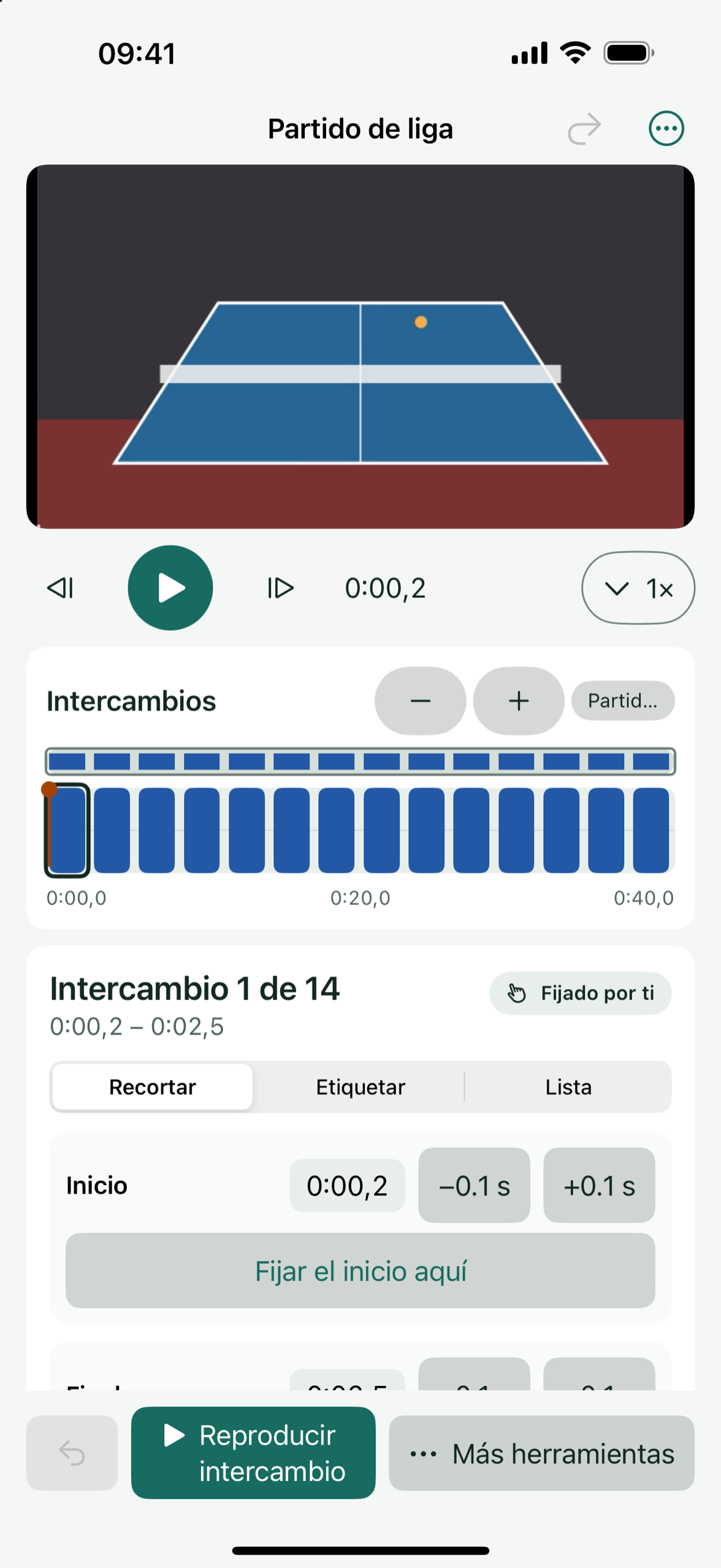 La pantalla de revisión de Patemo con el vídeo del partido, una línea de tiempo de intercambios y las herramientas para recortar, dividir y unir.