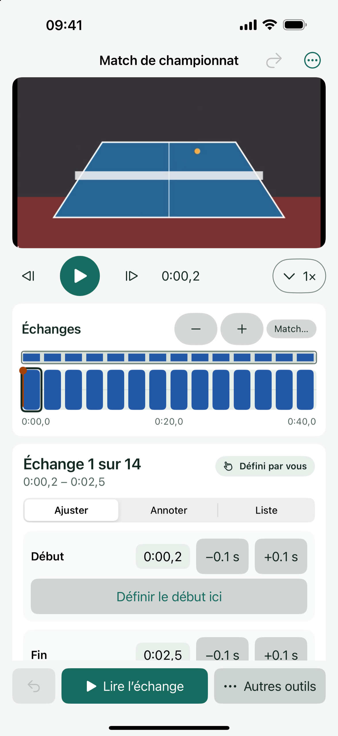 L’écran de révision de Patemo avec la vidéo du match, une frise des échanges et les outils pour ajuster, couper et fusionner.